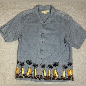 Island Republic Shirt Mens Large Blue Silk‎ Hawaiian Palm Tree Surfboard Floral